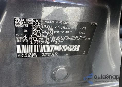 2018 Toyota Rav4 Le из США, поврежденный, VIN 2T3BFREV7JW752940